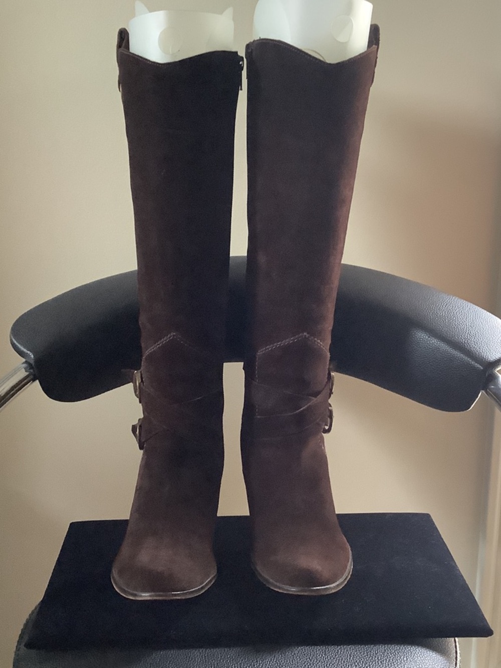 Vaneli Dark Brown Knee High Suede Boots with Double Strap Buckle Detail